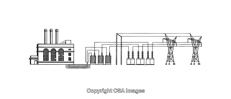 Black and White Line Art of Power Plant and Grid Schematic