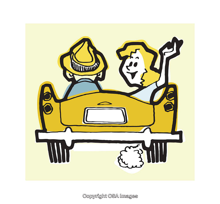 Colorful Cartoon Illustration of a Happy Couple Driving a Convertible Car