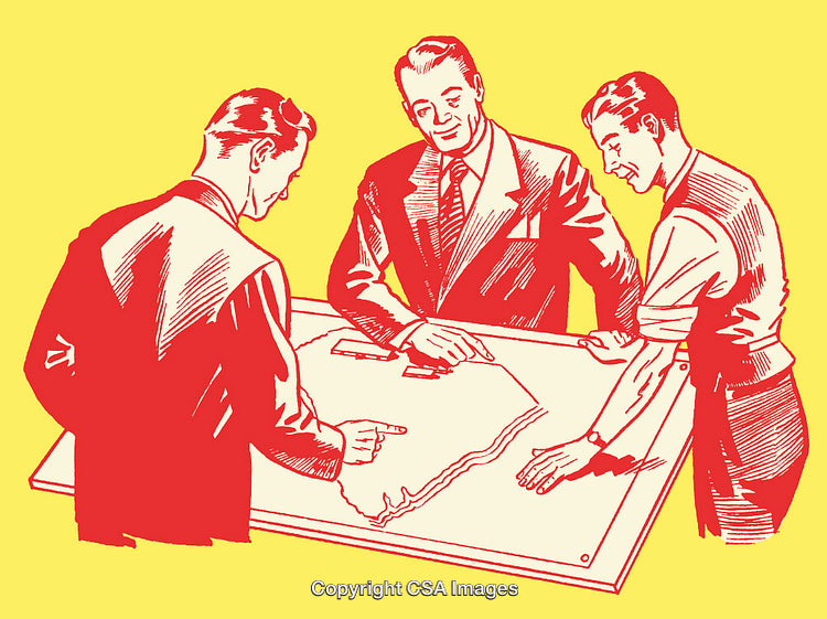 Retro Illustration of Three Men Collaborating Over a Map Drawing