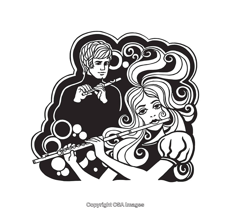Stylized Black and White Line Art of Flute Players in Abstract Design