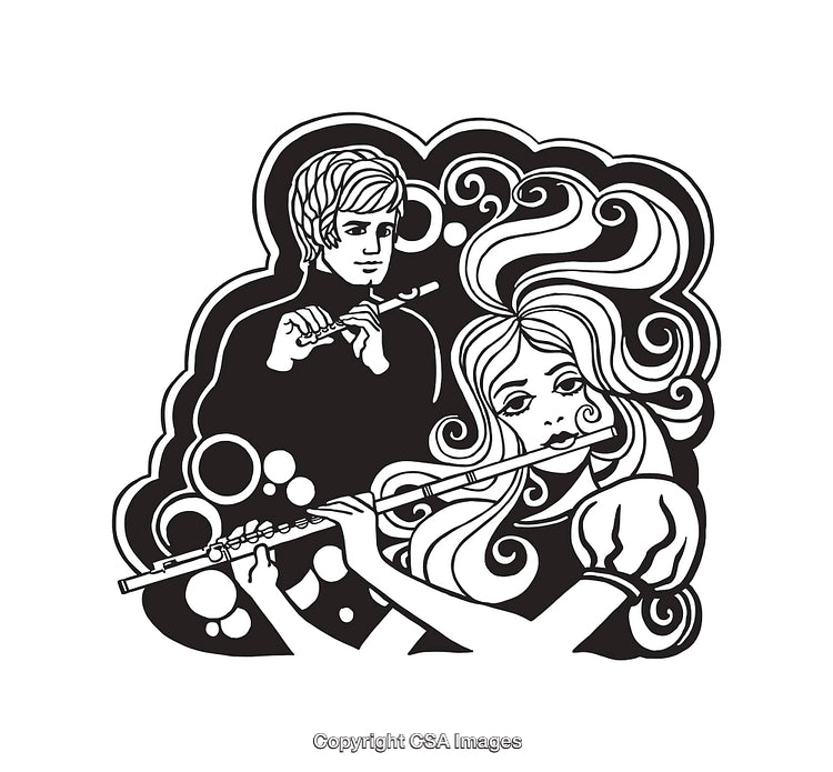 Stylized Black and White Line Art of Flute Players in Abstract Design