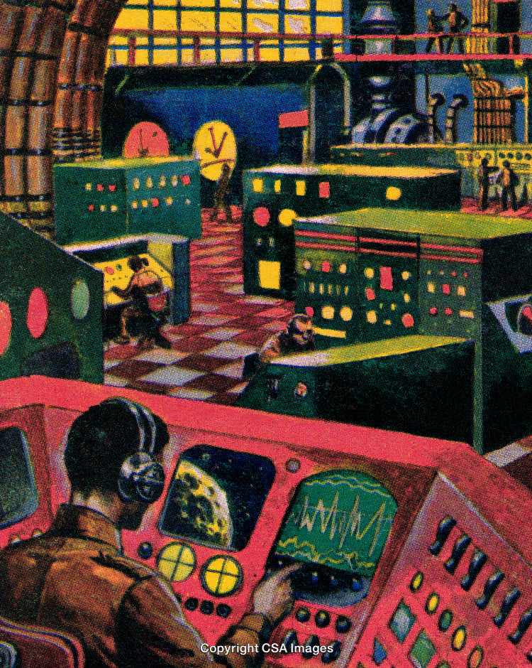 Retrofuturistic Control Center With Advanced Machinery and Monitoring Equipment