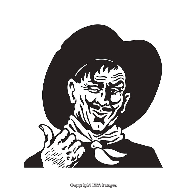 Black and White Line Art Illustration of a Cowboy Giving a Thumbs-Up