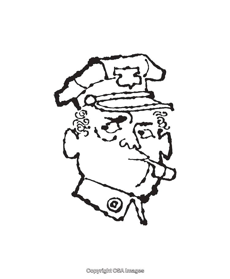 Black And White Line Art Of A Police Officer Smoking A Cigar
