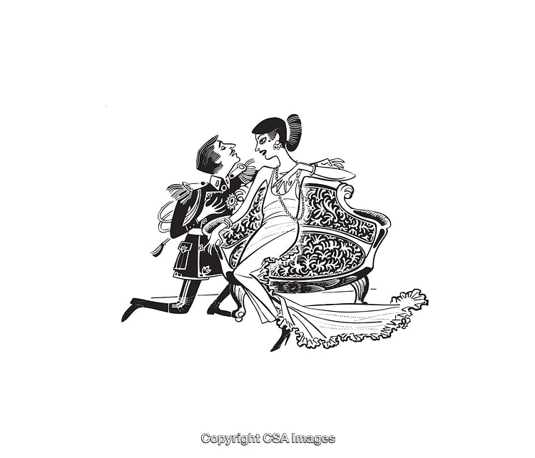 Elegant Black and White Line Art of Vintage Couple in Formal Attire