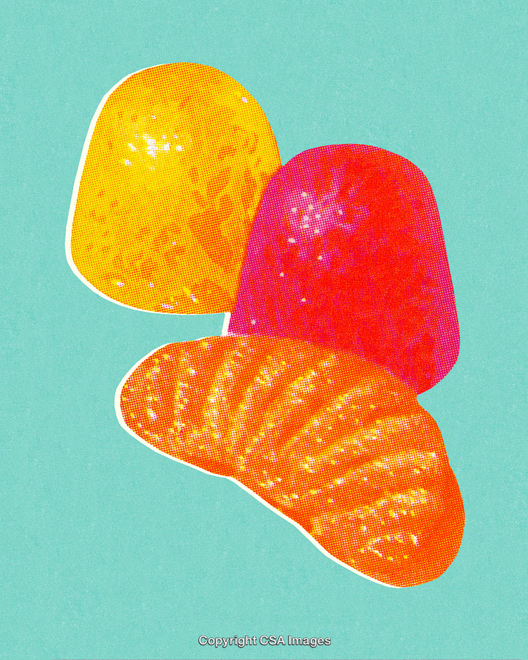 Vibrant Pop Art Composition of Colorful Edible Gummies and Candy Orange Segments