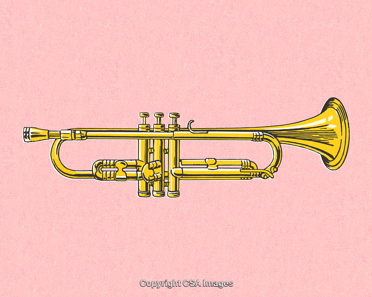 Golden Trumpet Illustration on Pink Background Featuring Brass Details