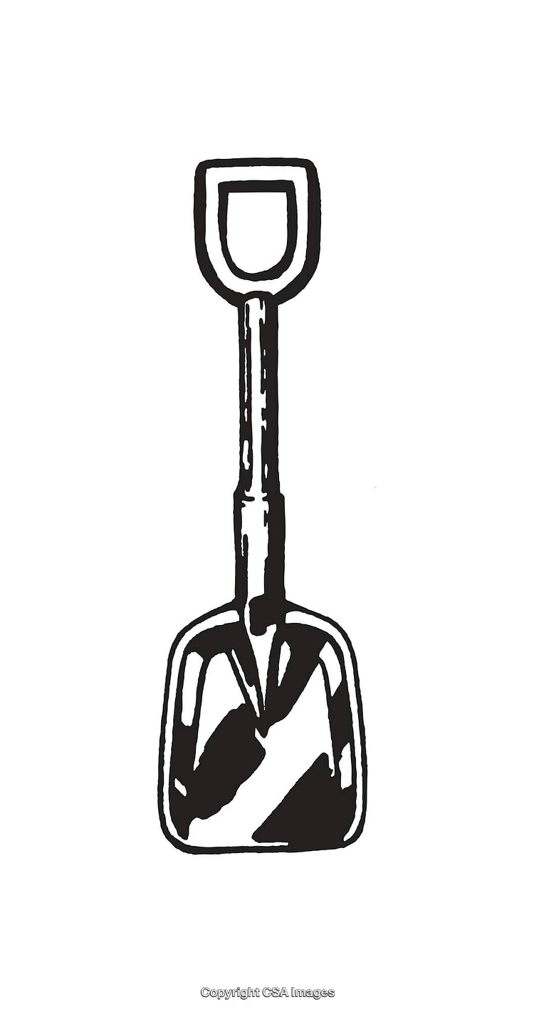 Black and White Detailed Line Art Illustration of a Hand Shovel