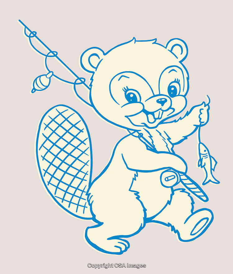 Adorable Cartoon Beaver with Fishing Rod Catching a Fish Illustration