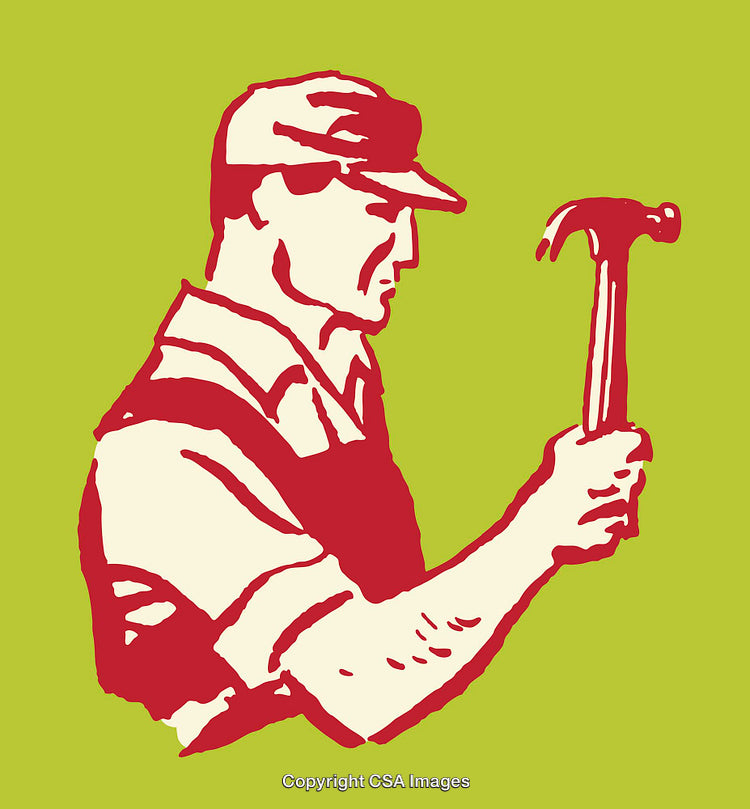 Vintage Worker Illustration Holding a Hammer in Vibrant Red and Green Colors