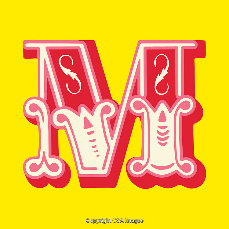 Gothic Letter M with Red and Yellow Color Scheme on Bright Yellow