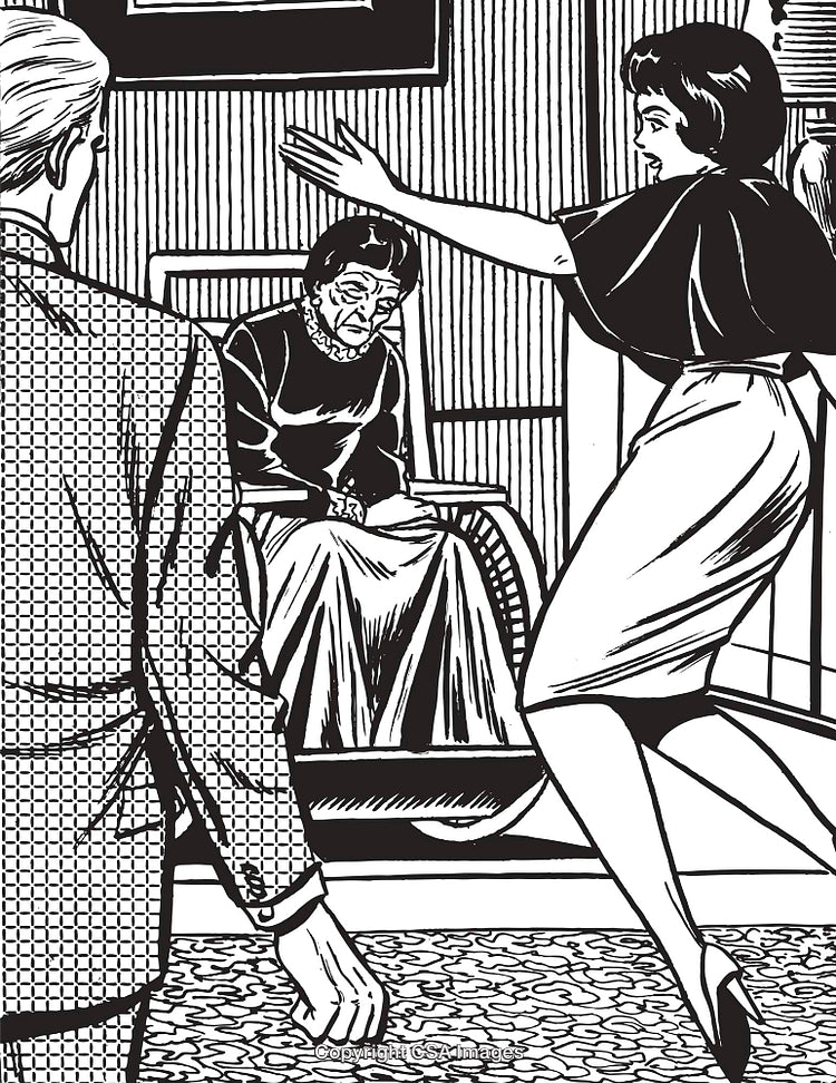 Retro Illustration of Family Members Interacting in a Domestic Environment
