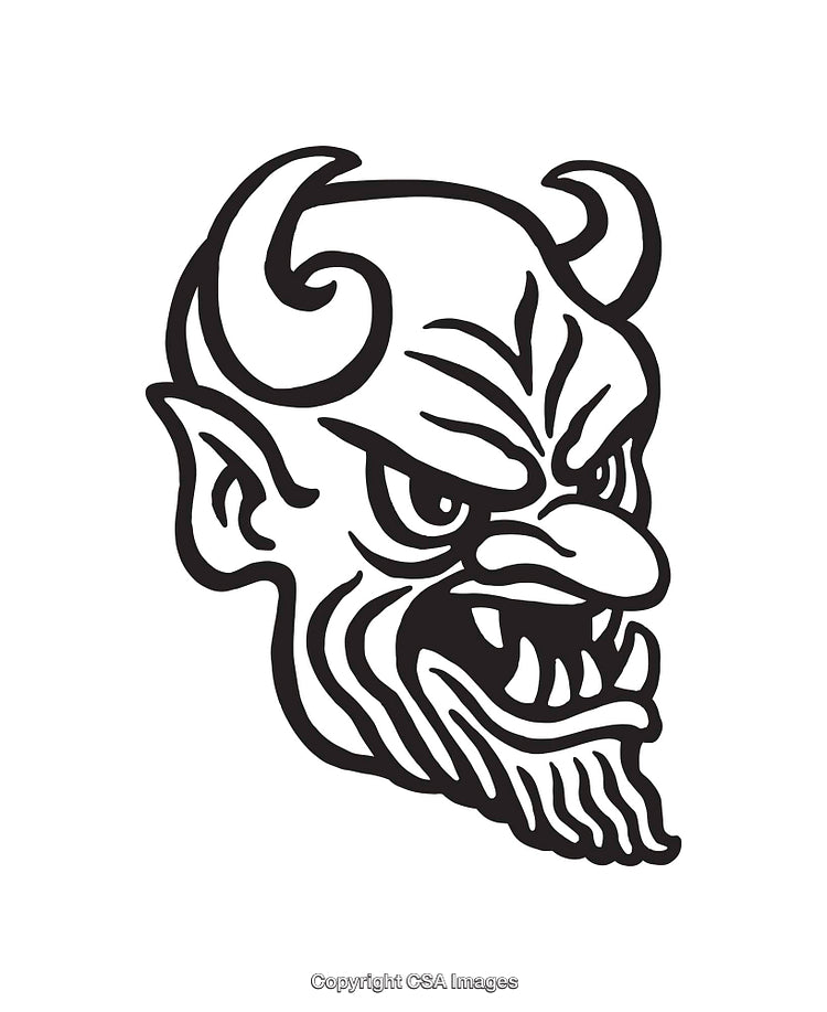 Black and White Line Art Illustration of a Grinning Horned Demon Face