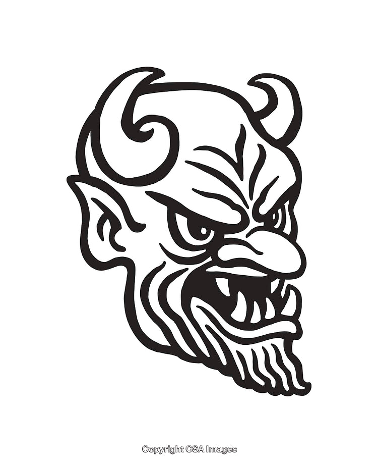 Black and White Line Art Illustration of a Grinning Horned Demon Face