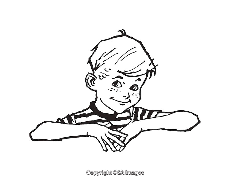 Charming Illustration of a Smiling Young Boy in Black and White Line Art