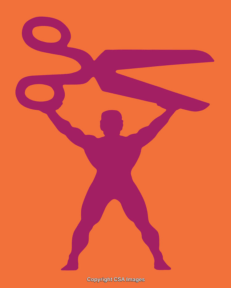 Abstract Illustration of Man Lifting Oversized Scissors on Orange Background