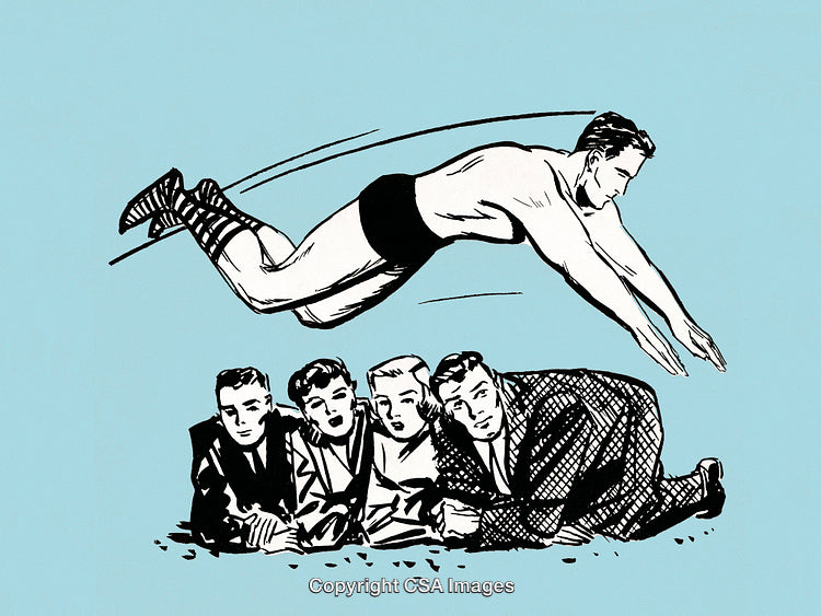 Vintage Illustration of Acrobat Jumping Over Group of Spectators in Artistic Style