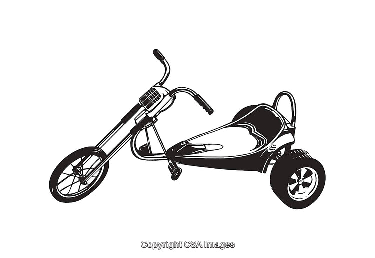 Illustrative Black and White Line Art of a Tricycle and Sidecar