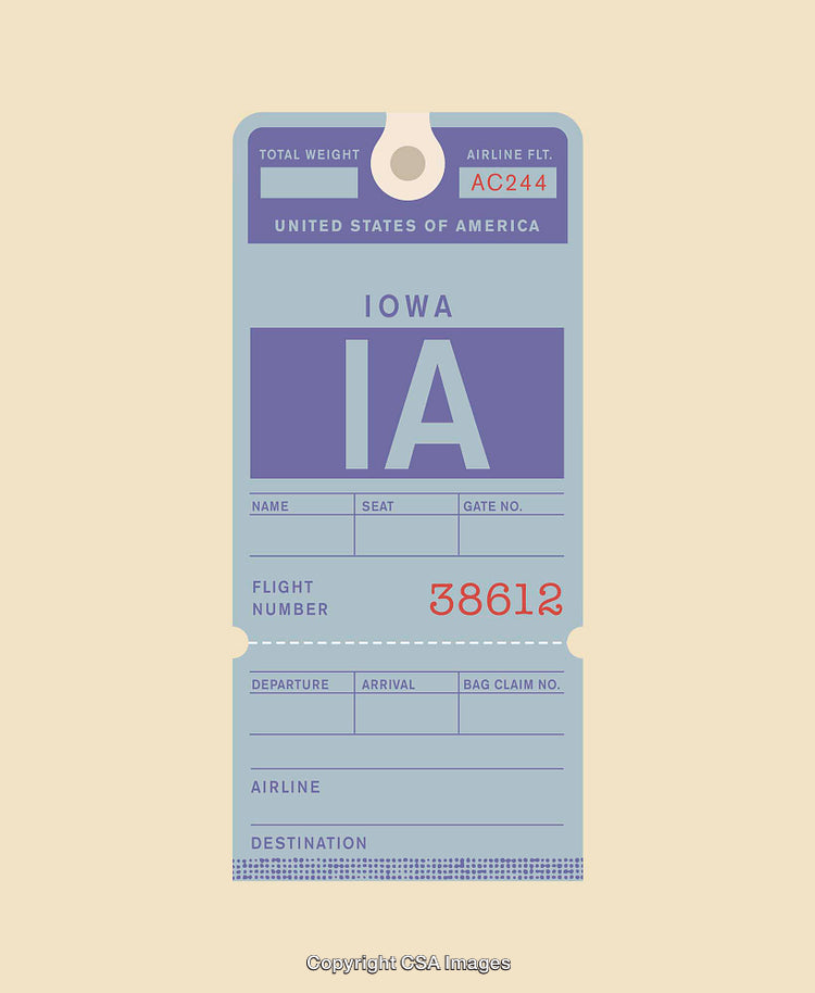 Retro-Inspired Airline Luggage Tag for Iowa with Detailed Flight Information