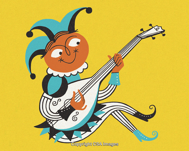 Playful Jester Character Playing Lute on Yellow Background