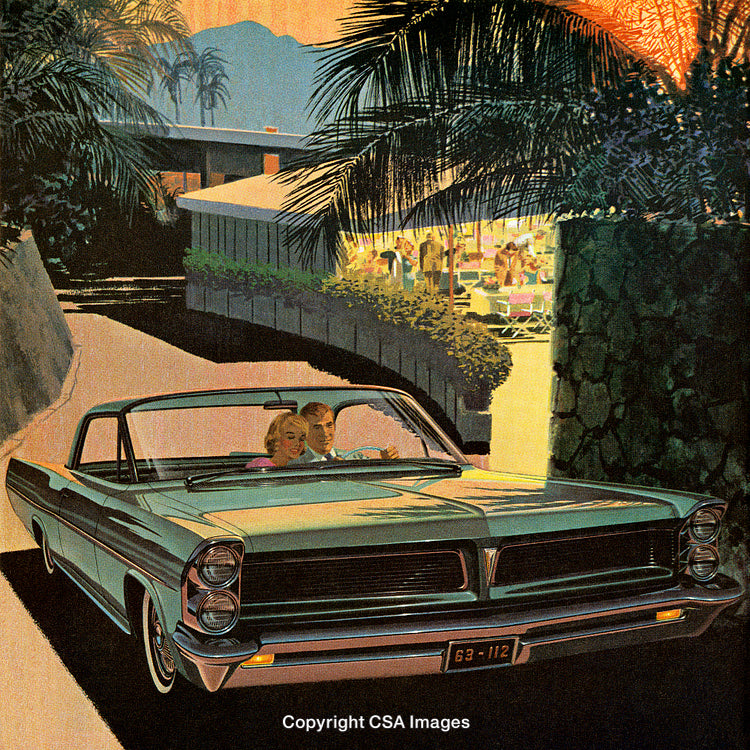Retro Illustration of a Convertible Car Driving Past a Vibrant Social Scene
