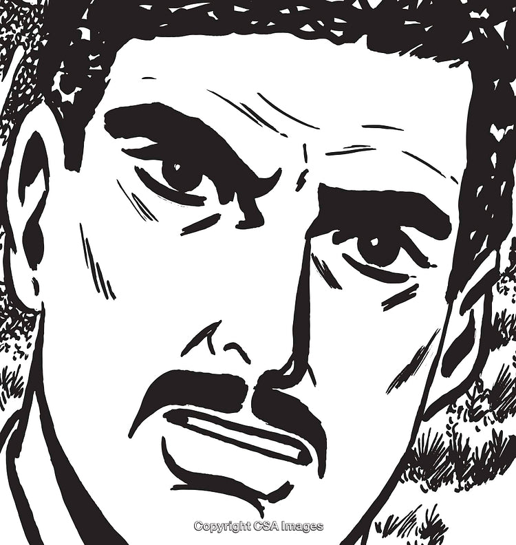 Black and White Illustration of a Thoughtful Man's Face in Close-Up