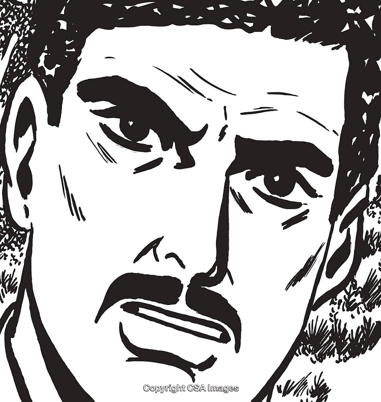 Black and White Illustration of a Thoughtful Man's Face in Close-Up
