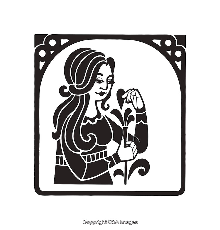 Elegant Black and White Line Art Illustration of a Woman Holding Flowers