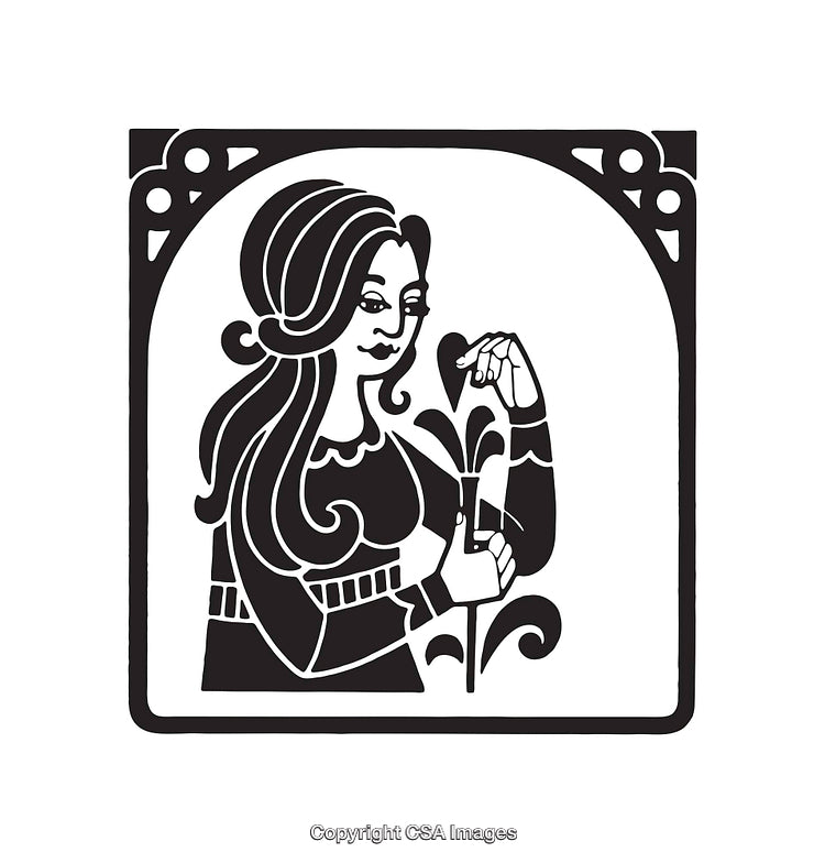 Elegant Black and White Line Art Illustration of a Woman Holding Flowers