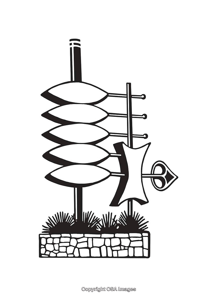 Monochrome Illustration of Traditional Shields and Spear Design