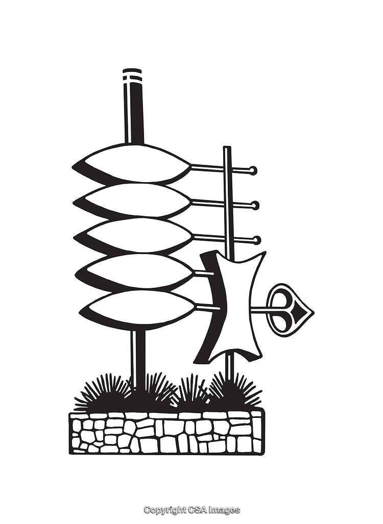 Monochrome Illustration of Traditional Shields and Spear Design