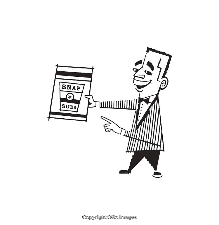 Retro Black and White Illustration of a Man Displaying a Product