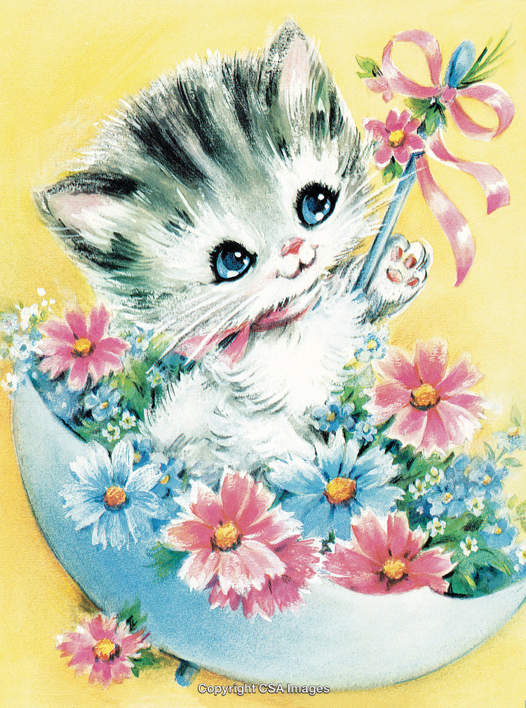 Adorable Kitten Among Flowers in Vintage Style Illustration