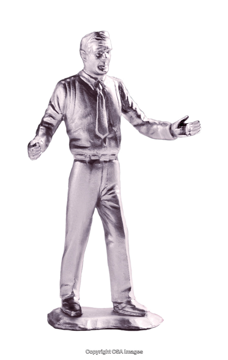 Metallic Toy Figure of Man in Business Attire With Outstretched Arms