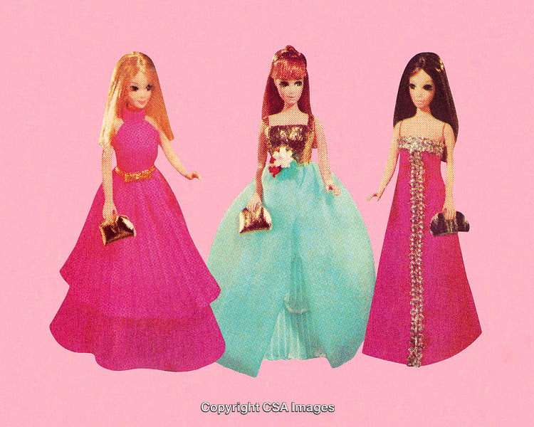 Three Dolls in Elegant Gowns on Pink Background