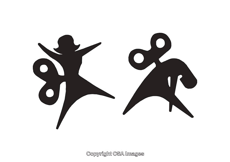 Black and White Silhouette Illustration of Abstract Figures with Wind-Up Keys