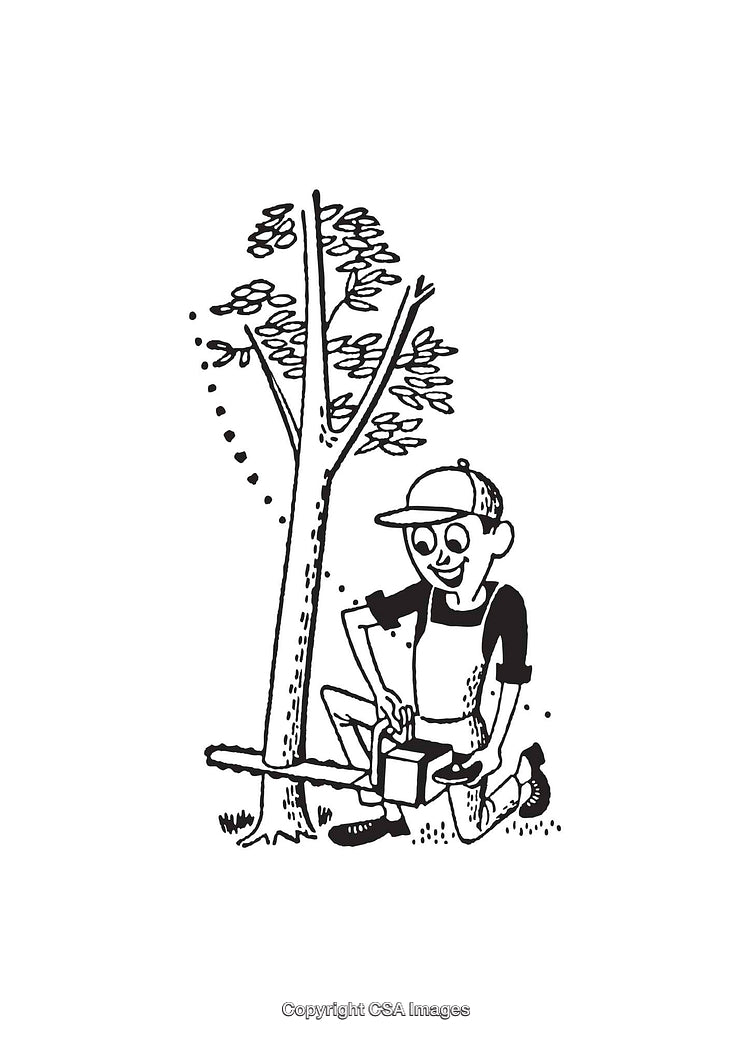 Illustrated Workman Operating a Chainsaw Next to Tree in Rustic Setting