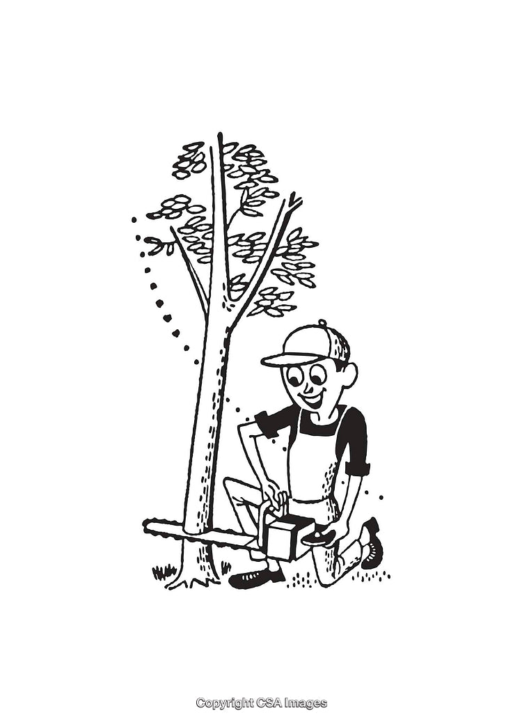 Illustrated Workman Operating a Chainsaw Next to Tree in Rustic Setting