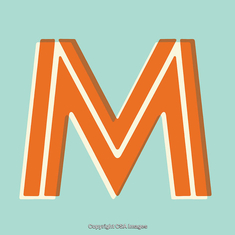 Bold Orange Letter M with Retro Styling on Blue Background