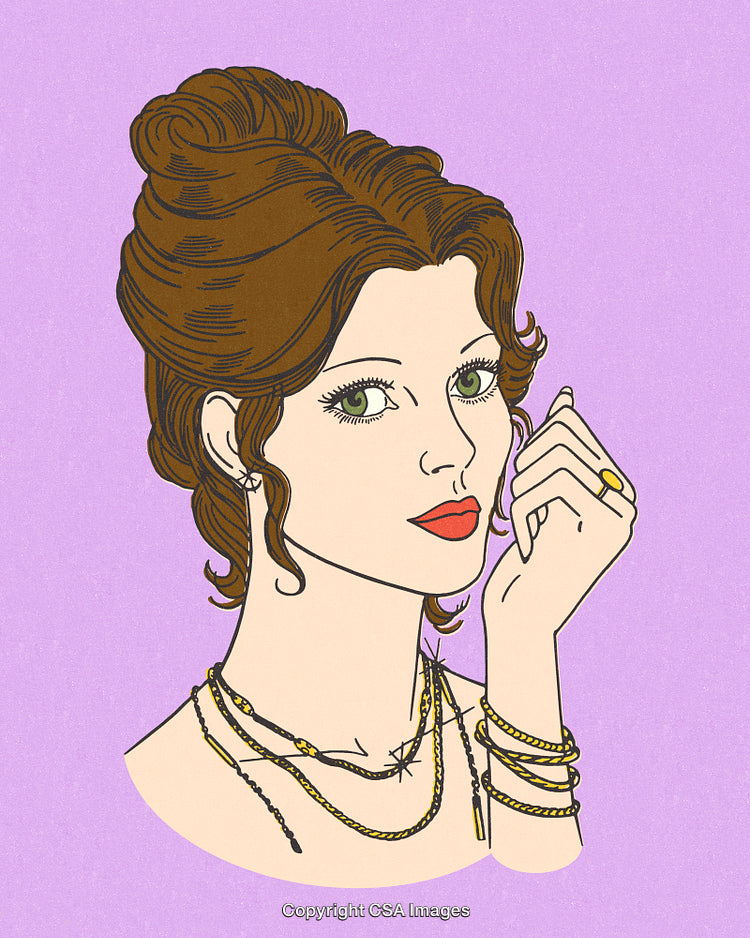 Retro Styled Woman with Elegant Jewelry on Vibrant Purple Background
