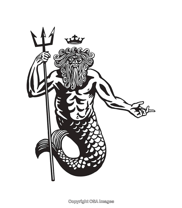 Black And White Illustration of a Merman Holding a Trident
