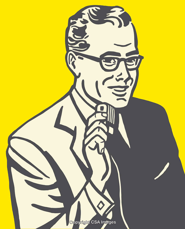 Retro Pop Art Illustration of a Smiling Businessman Holding a Microphone