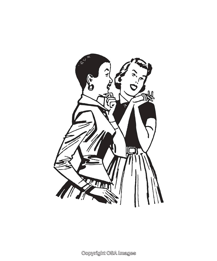 Retro Illustration of Two Women in Conversation Over White Background