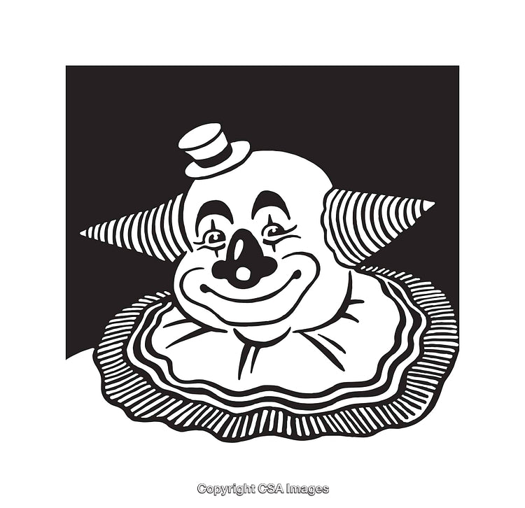 Black and White Clown Illustration with Cheerful Expression and Circus Hat