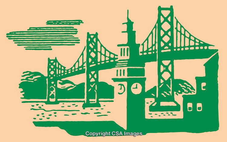Green Monochrome Bay Bridge and Clock Tower Illustration