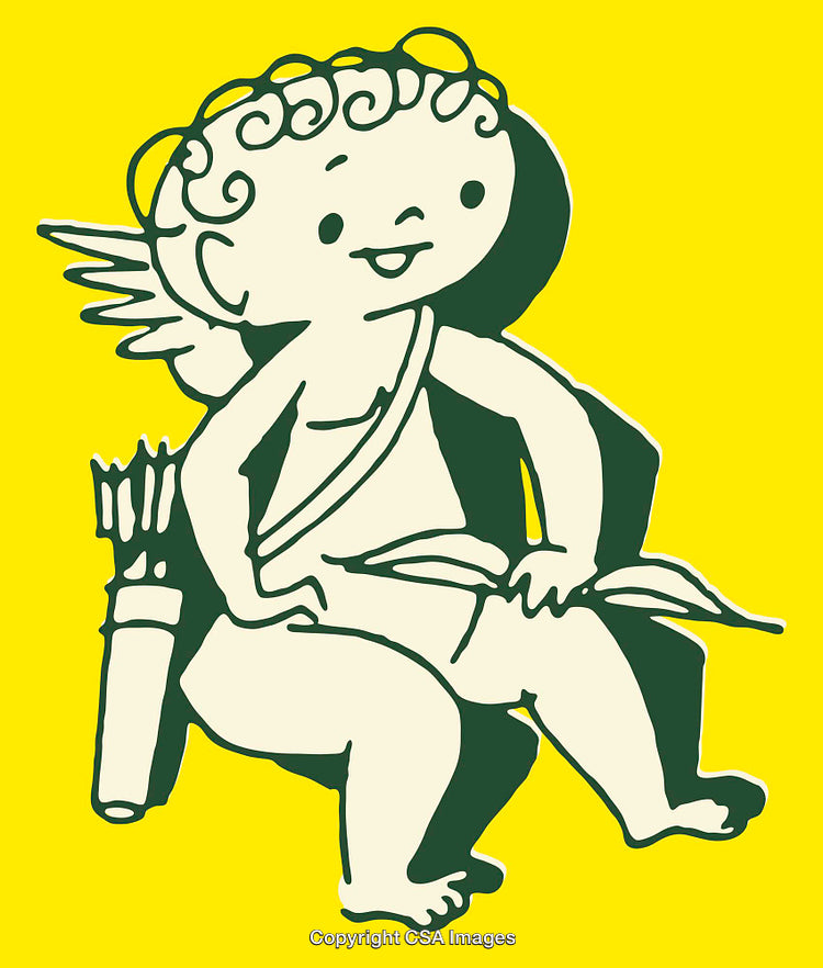 Cartoon Line Art of Cherub Angel with Arrows on Bright Yellow Background