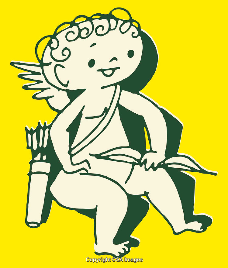 Cartoon Line Art of Cherub Angel with Arrows on Bright Yellow Background