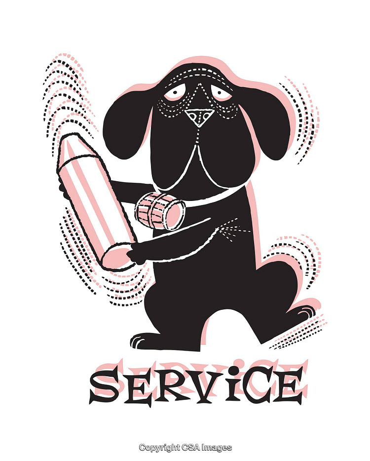 Illustrated Dog Holding Pencil with Service Text and Vibrant Details