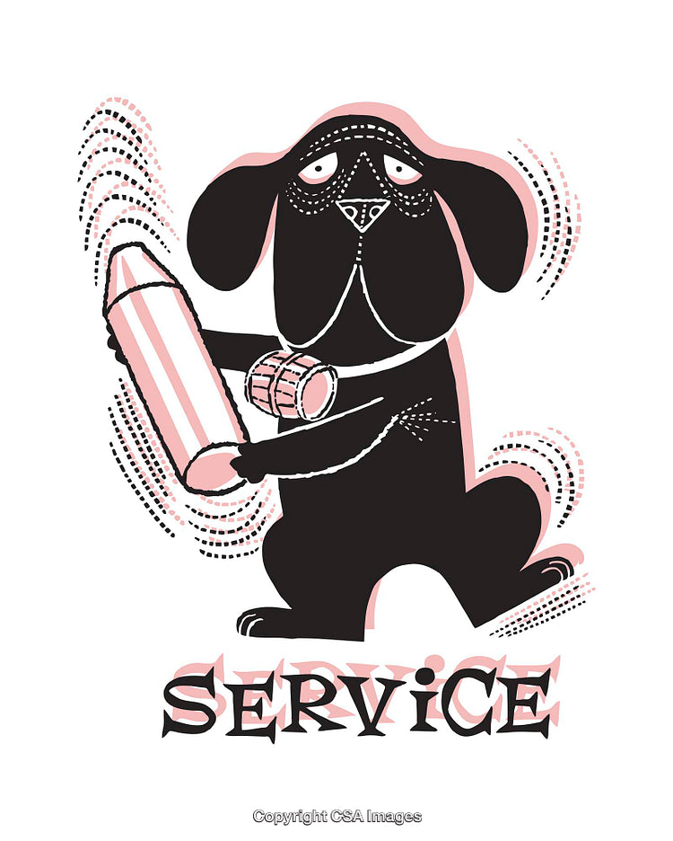 Illustrated Dog Holding Pencil with Service Text and Vibrant Details