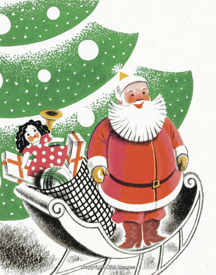 Illustration of Santa Claus with Sleigh Full of Christmas Presents